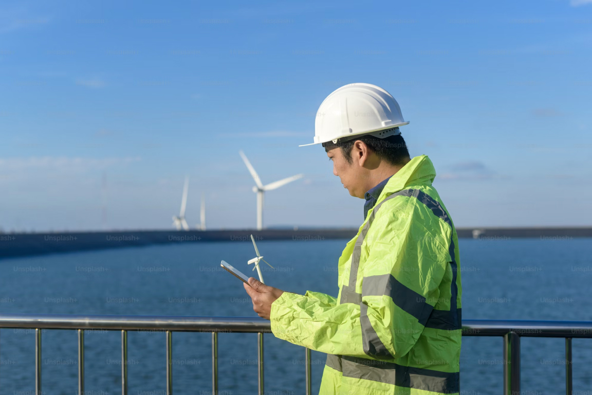 Worker in hi-vis jacket with clipboard looking at a lake