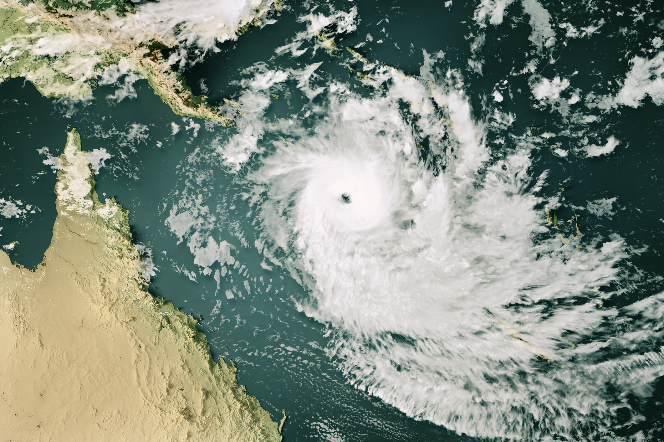 3D Render of a Topographic Map of the Pacific Ocean near Australia with the clouds from December 08, 2023. Category 4 Severe Tropical Cyclone Jasper over the Pacific Ocean south of the Solomon Islands and Papua-Neuguinea.