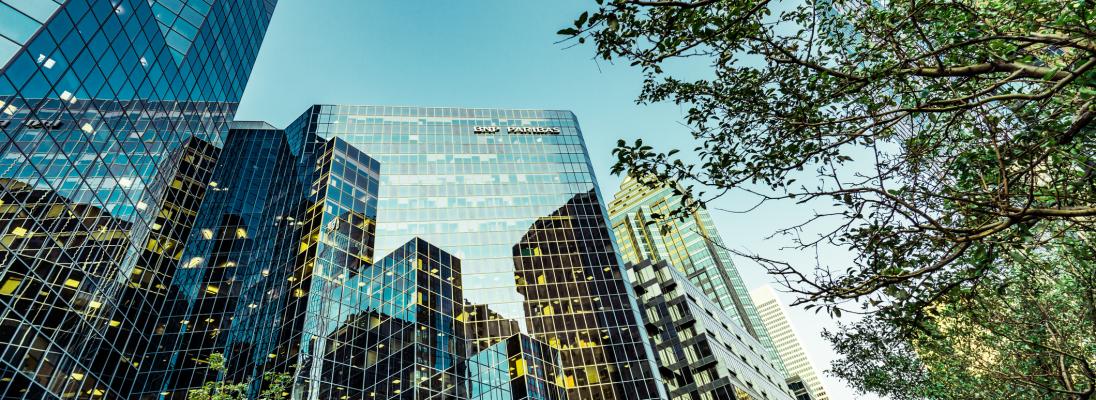 Glass office buildings among green trees