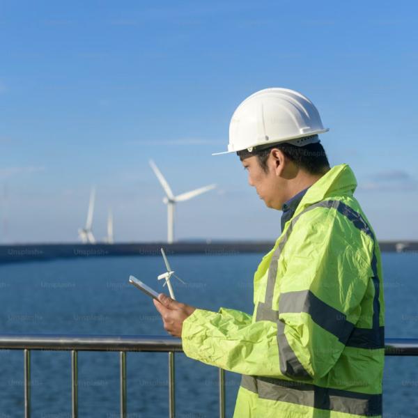 Worker in hi-vis jacket with clipboard looking at a lake