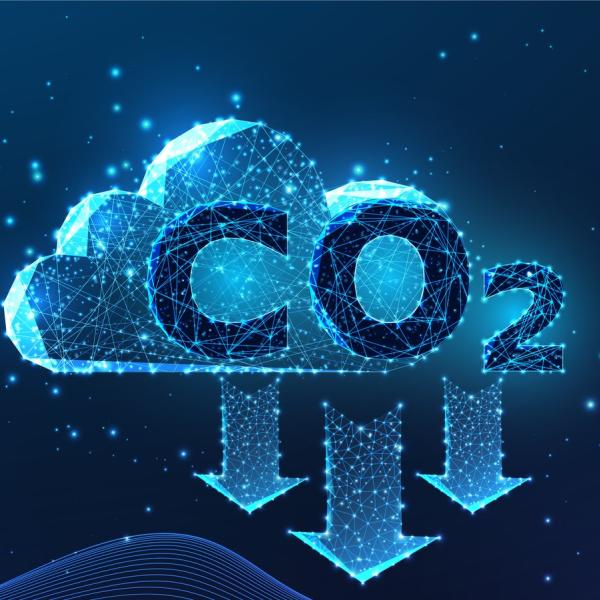 Carbon capture technology concept with Carbon dioxide cloud and absorbing surface on dark blue stock illustration