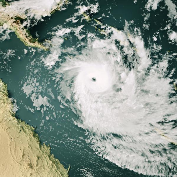 3D Render of a Topographic Map of the Pacific Ocean near Australia with the clouds from December 08, 2023. Category 4 Severe Tropical Cyclone Jasper over the Pacific Ocean south of the Solomon Islands and Papua-Neuguinea.