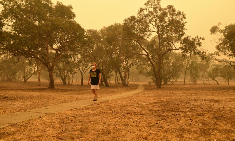 Canberra, Australia, 5/01/2020, Smoke coming from nearby forest fires creates high pollution and covers Canberra with a thick fog. People need to wear mask to breathe.